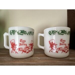 Tom And Jerry Eggnog Mugs Set Of 2- Hazel Atlas Red Green Auld Lang Syne Vtg